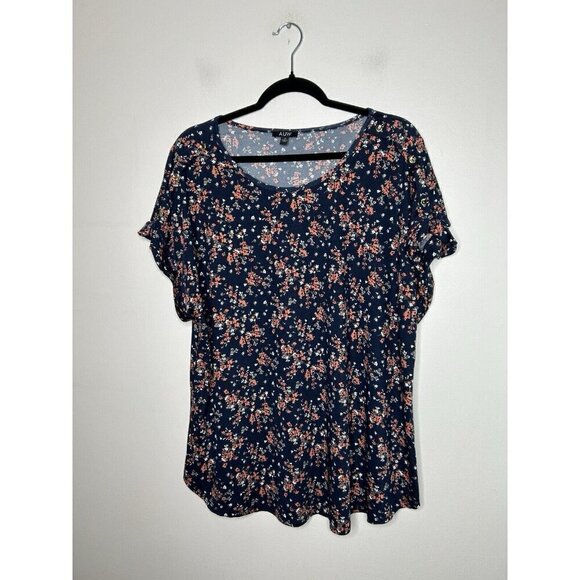 AUW Women’s Plus Blue Orange Floral Short Sleeve Bohemian Blouse Size 2X - Picture 1 of 10